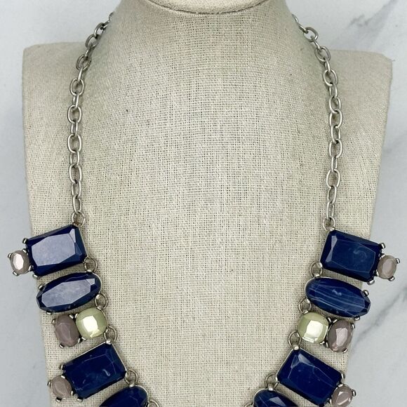 Chicos Blue Rhinestone Crystal Bib Statement Silver Tone Necklace ✨ - Picture 3 of 12